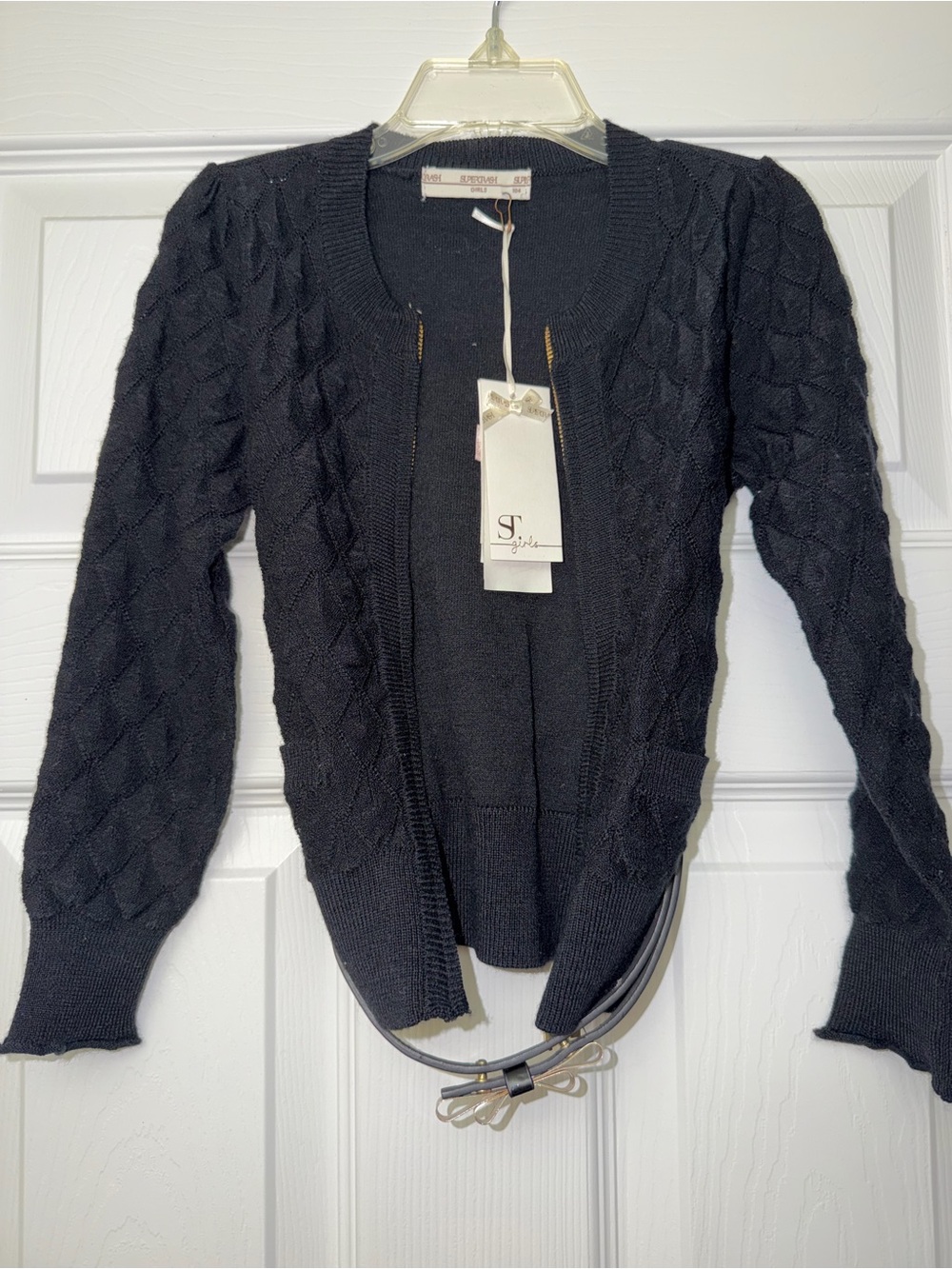 NWT Supertrash Girls Cardigan 104 4T Black Gold Zip Sweater Belt Designer